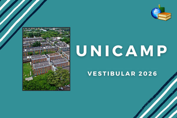 Vestibular 2026 da Unicamp Fundo verde água, listras preto e branco e foto do campus da Unicamp